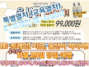 [특별열차-E-트레인] 관광열차타고  지금, 울산이 딱이야~ 기차여행 [당일] 고래코스 [11월29일토 ] [청량리역,덕소역,양평역,제천역,원주역,단양역,영주역]
