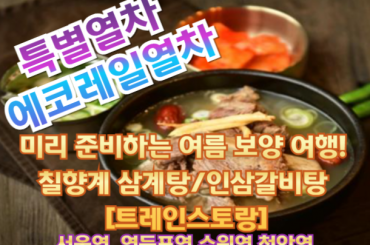 [특별열차-에코레일 열차]  미리 준비하는 여름 보양 여행! 칠향계 삼계탕/ 인삼갈비탕 [트레인스토랑] [6월 7일(일) ] -(2식포함)- [인삼갈비탕/칠향계 삼계탕])