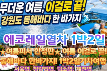 [특별열차-에코레일 1박2일]  ★여름피서 한정판★ 무더위 여름 이걸로 끝! 동해바다 한 바가지! 투어 1박2일기차여행 8월8일(토) -서울역,청량리역,덕소역,제천역